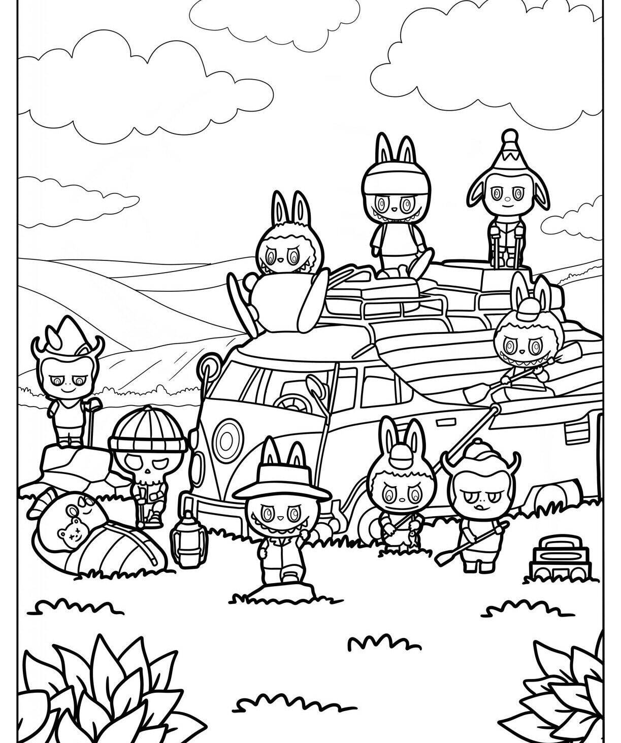 Desenho do Labubu e amigos em uma aventura ao ar livre para colorir