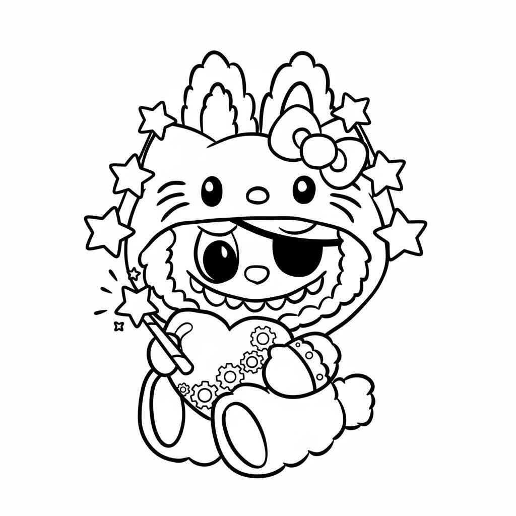 Desenho do Labubu com um chapéu de estrelas e varinha mágica para colorir