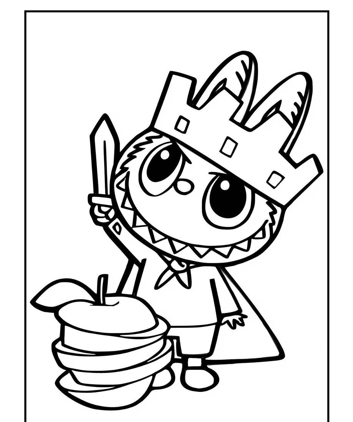 Desenho do Labubu vestido de rei segurando uma espada ao lado de maçãs