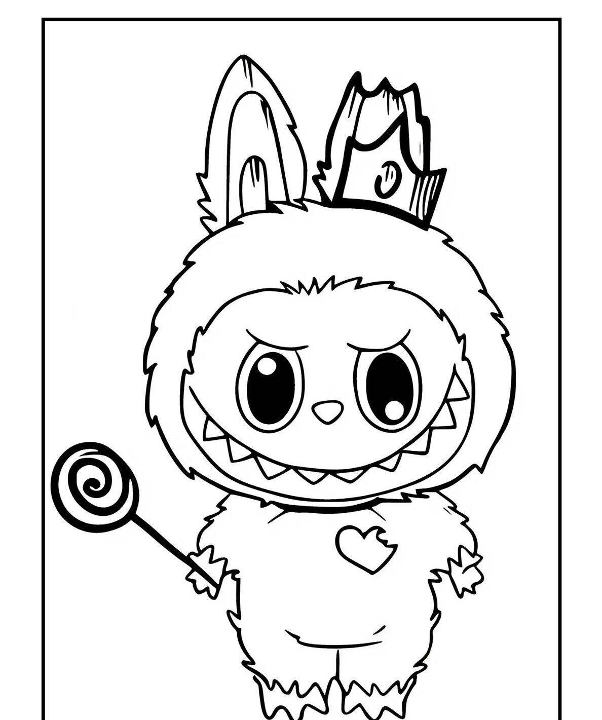 Desenho do Labubu vestido de rei segurando um pirulito