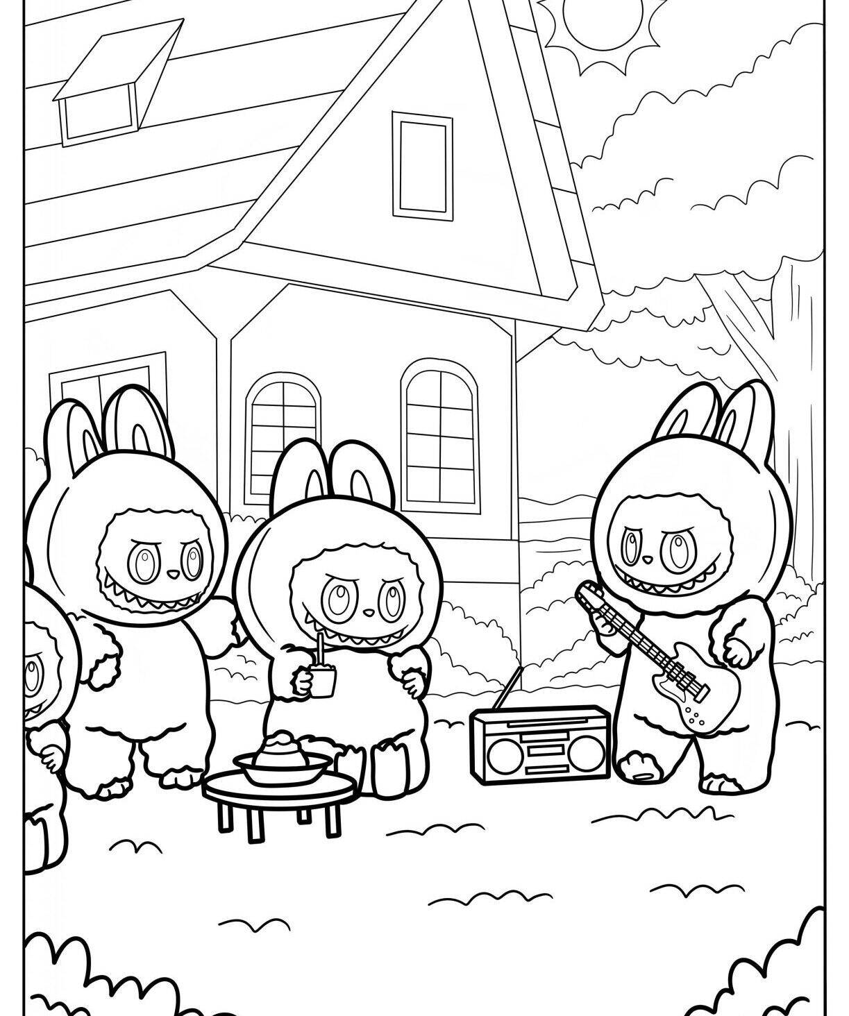 Desenho do Labubu e amigos se divertindo ao ar livre