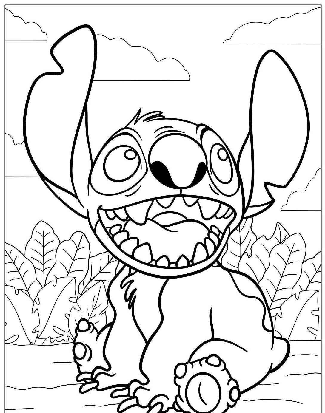 Desenho para colorir do Stitch sentado em um cenário natural com plantas ao fundo.