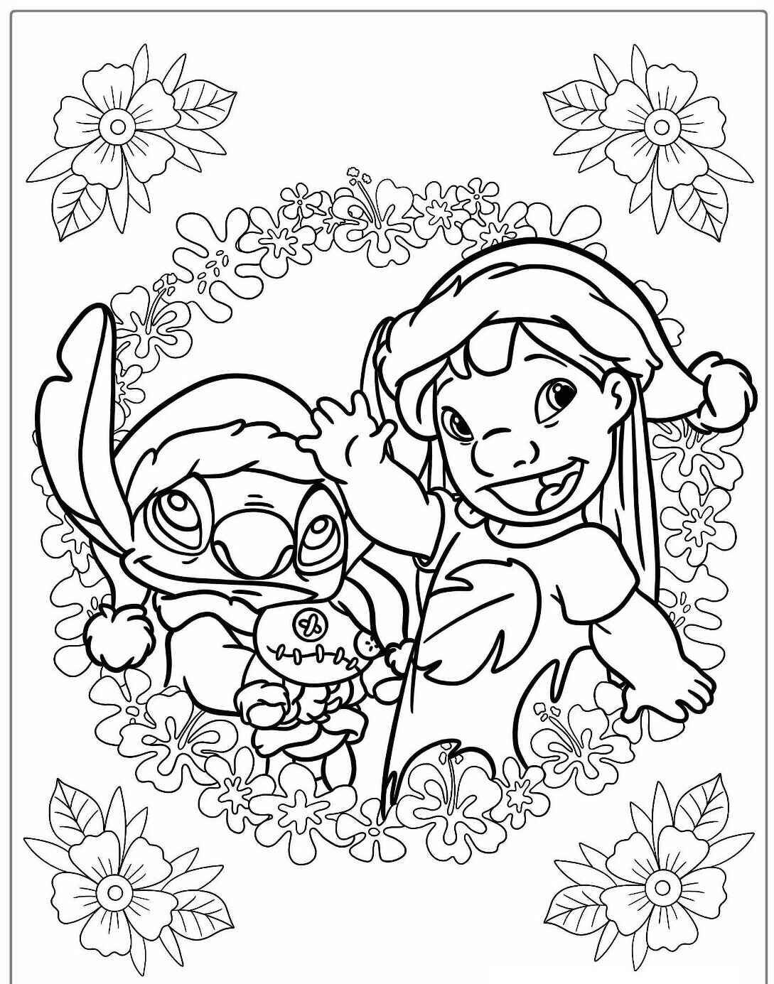 Imagem para colorir de Stitch e Lilo cercados por flores.