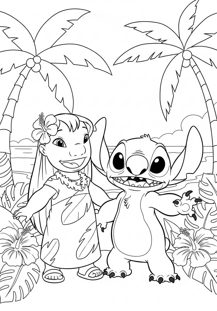 Imagem para colorir de Stitch e Lilo na praia com palmeiras ao fundo