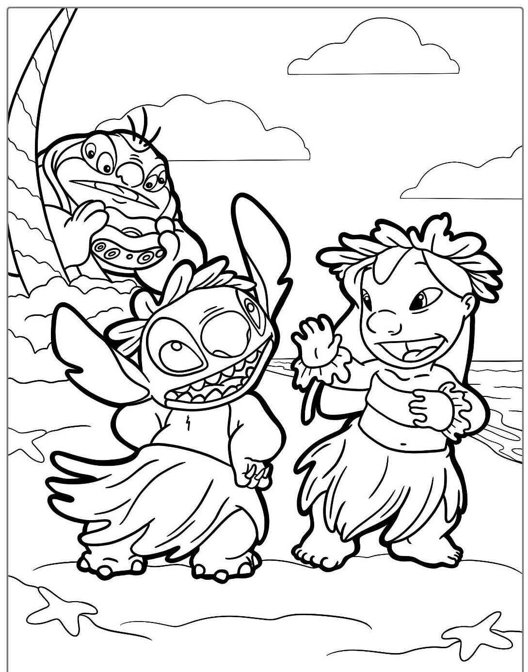 Imagem para colorir de Stitch e Lilo na praia com um personagem ao fundo.