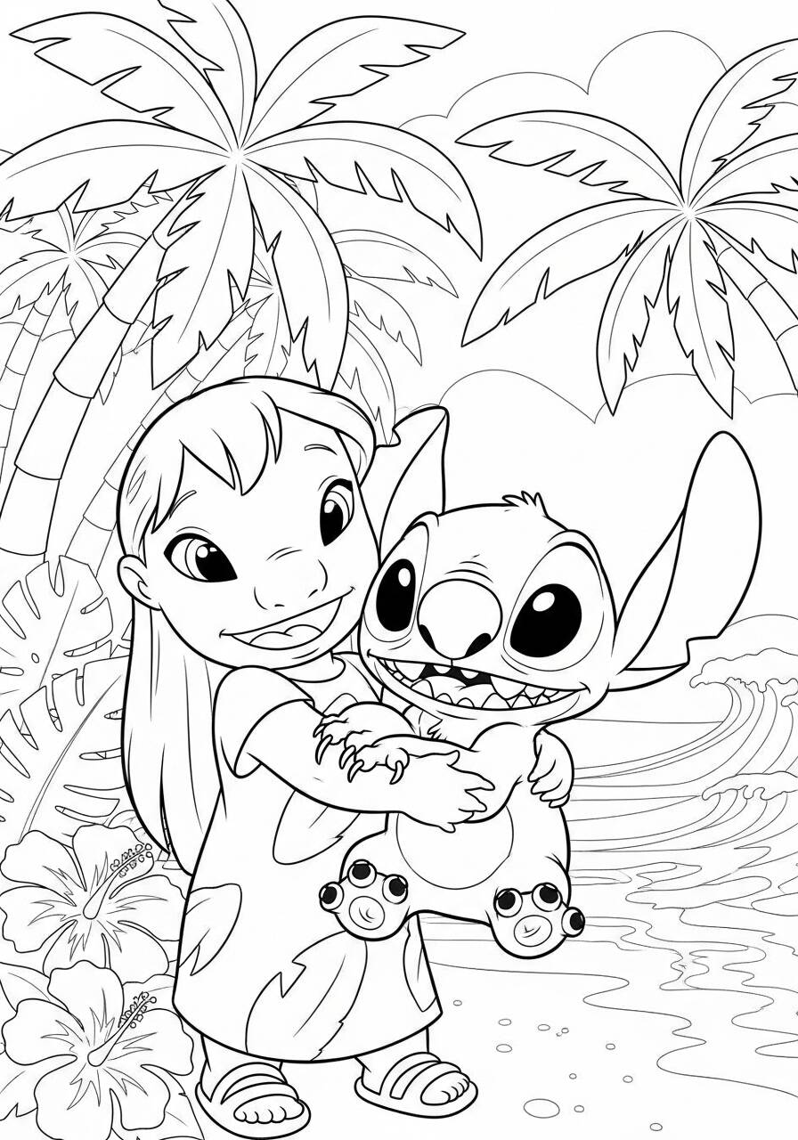 Imagem para colorir de Stitch e Lilo abraçados na praia com palmeiras ao fundo.