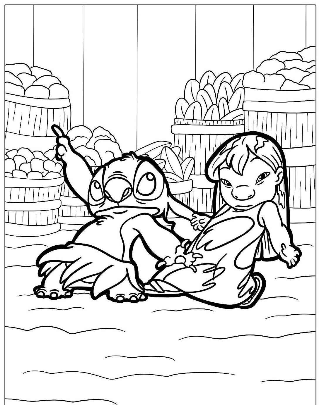 Imagem para colorir de Stitch e Lilo sentados em um mercado.