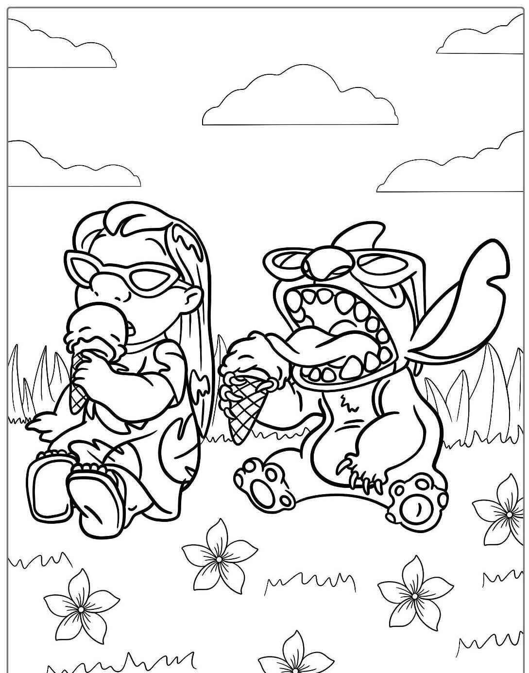 Stitch e Lilo sentados na grama tomando sorvete em um dia ensolarado.