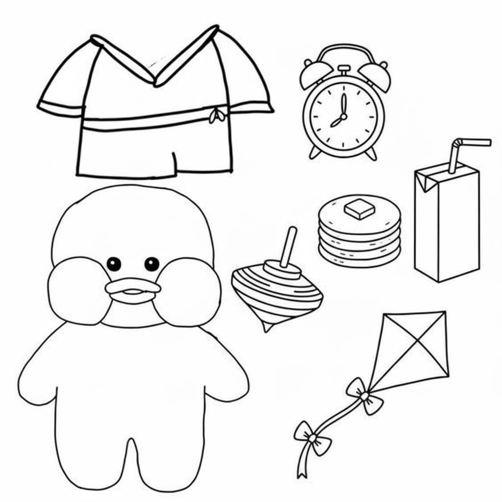 Desenho de um pato de papel com brinquedos e acessórios para colorir