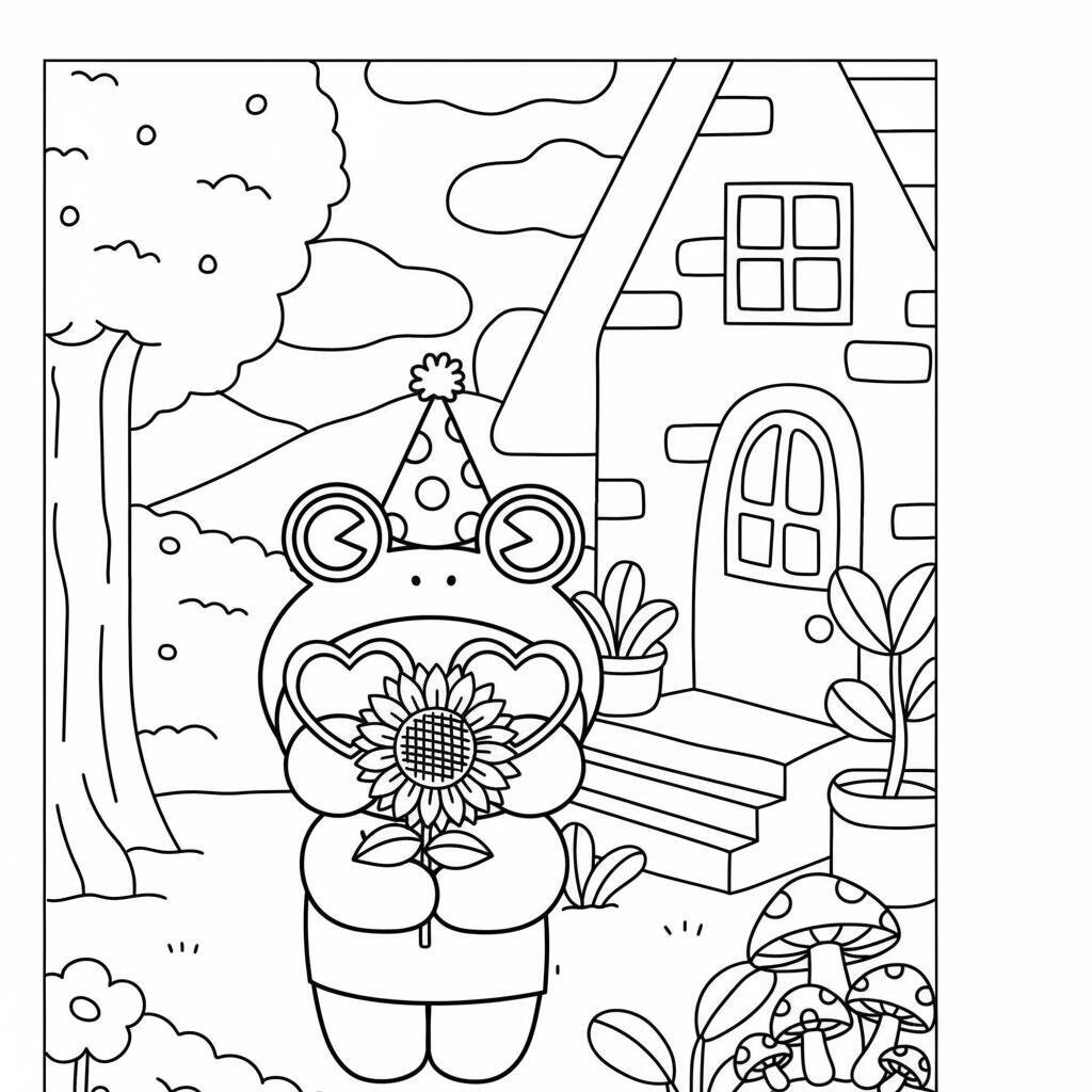 Desenho de pato de papel com chapéu de festa e flores
