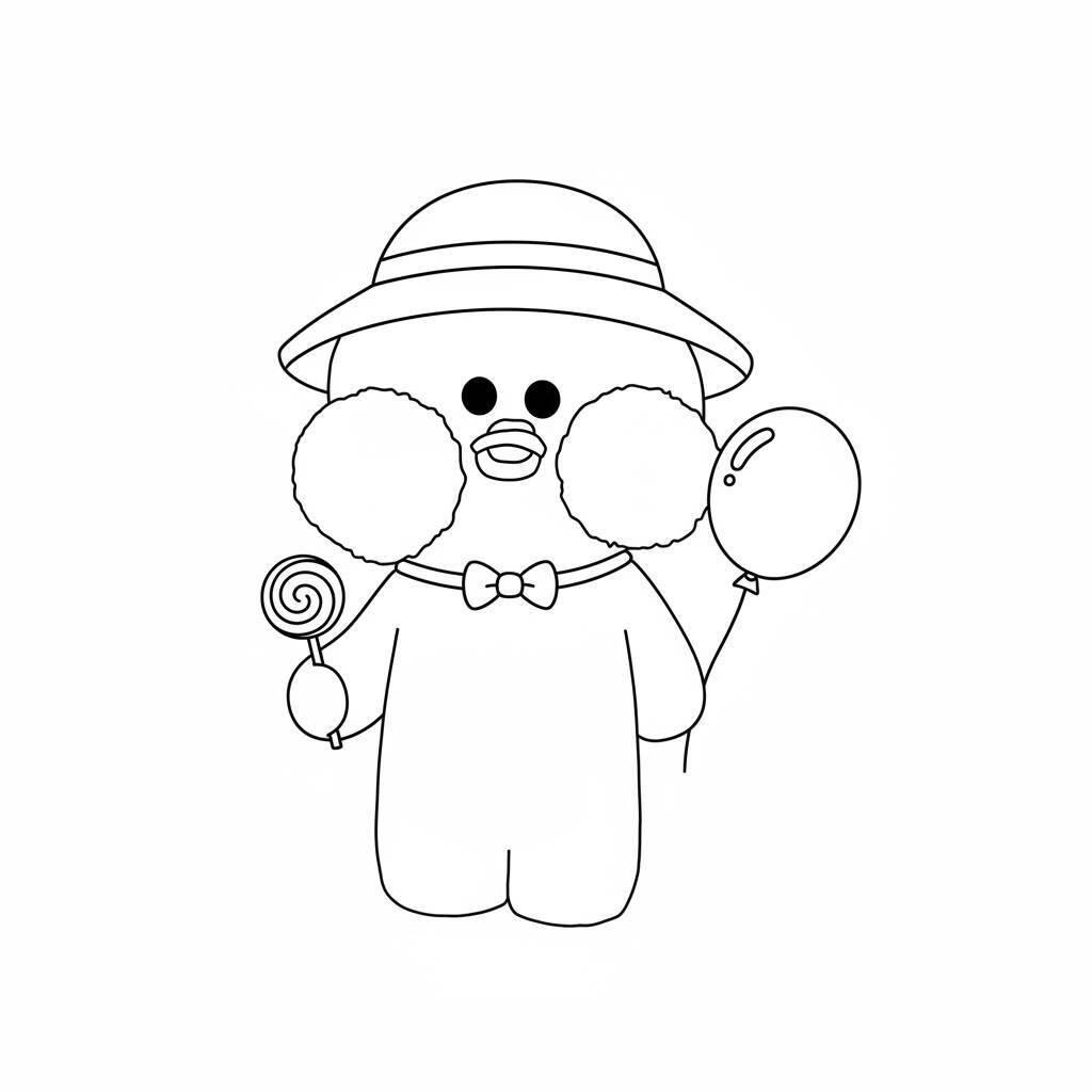 Desenho de um pato de papel com chapéu e balão para colorir