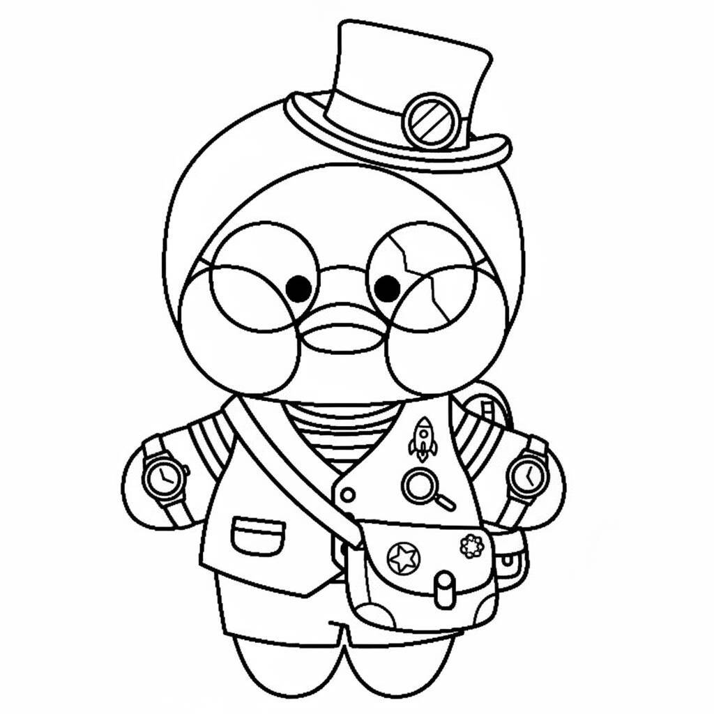 Desenho de um pato de papel vestido de cientista, pronto para colorir.