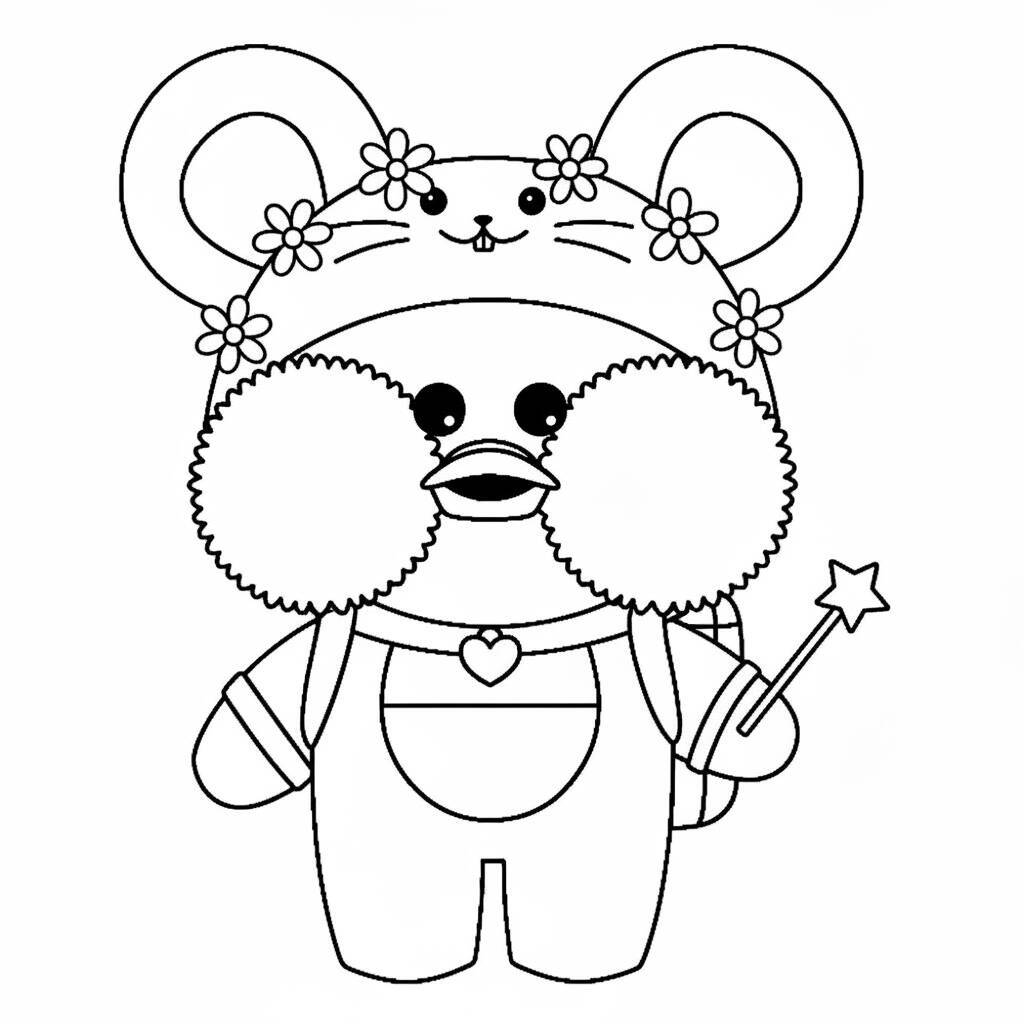Desenho de um pato de papel vestido com fantasia de urso, pronto para colorir.