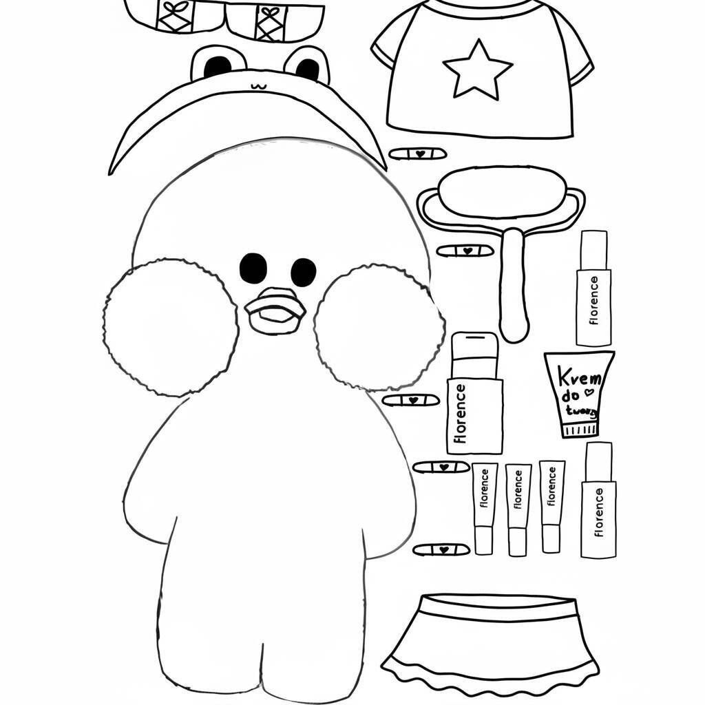 Desenho de um pato de papel com roupas e acessórios para colorir