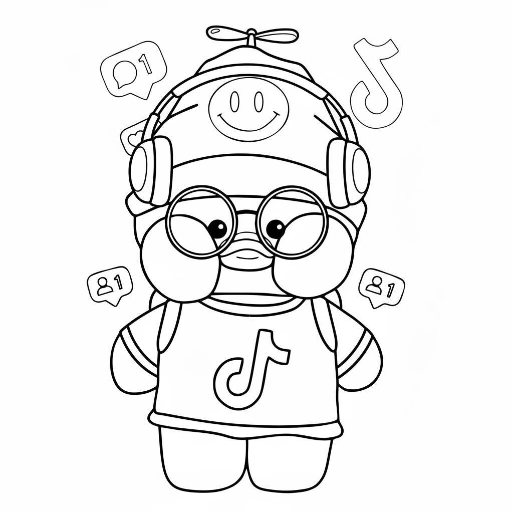 Desenho de um pato de papel usando fones de ouvido e óculos, pronto para colorir.
