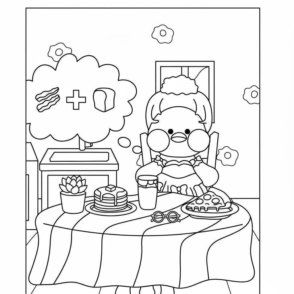 Desenho de um pato de papel em uma mesa com café da manhã