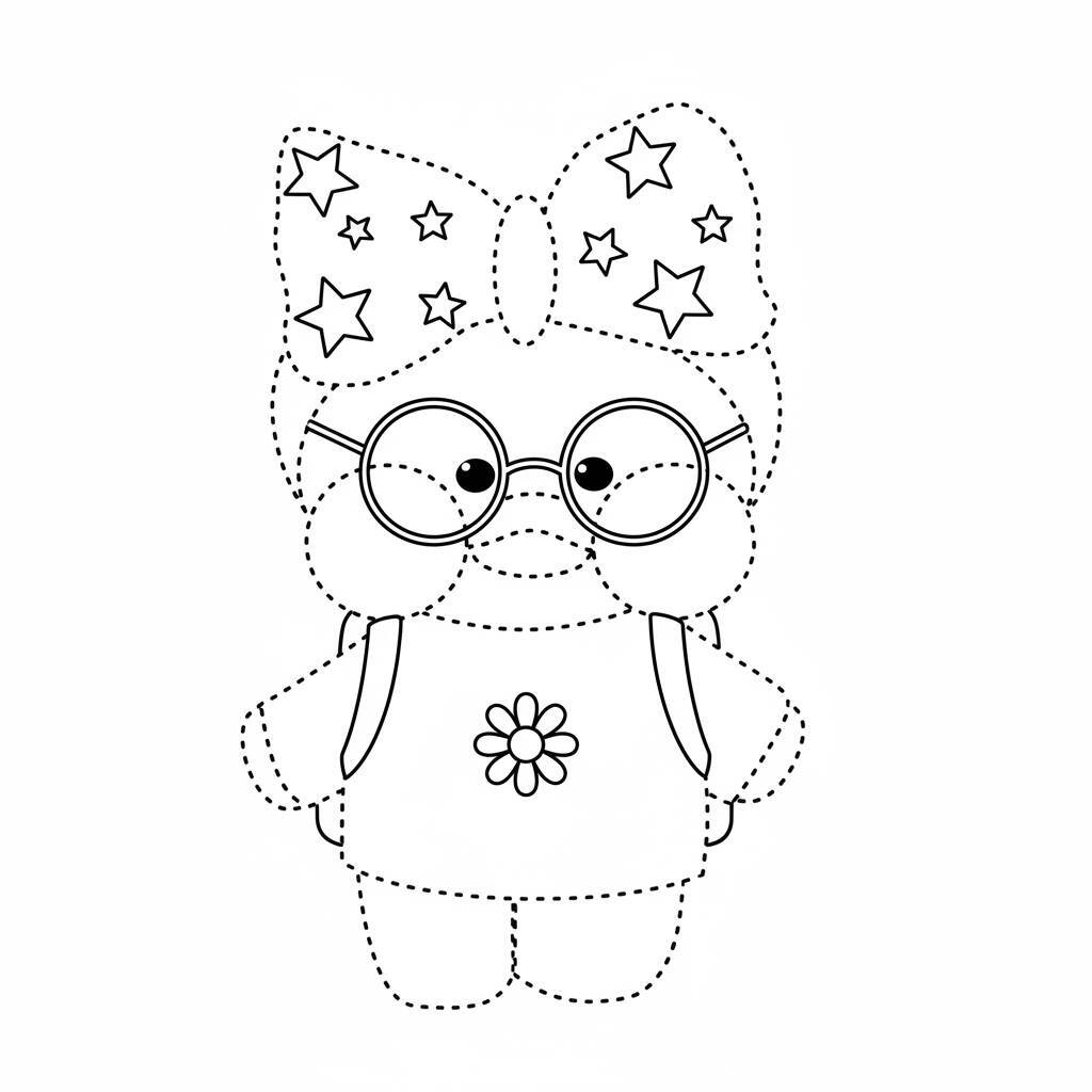 Desenho de um pato de papel com óculos e um laço para colorir