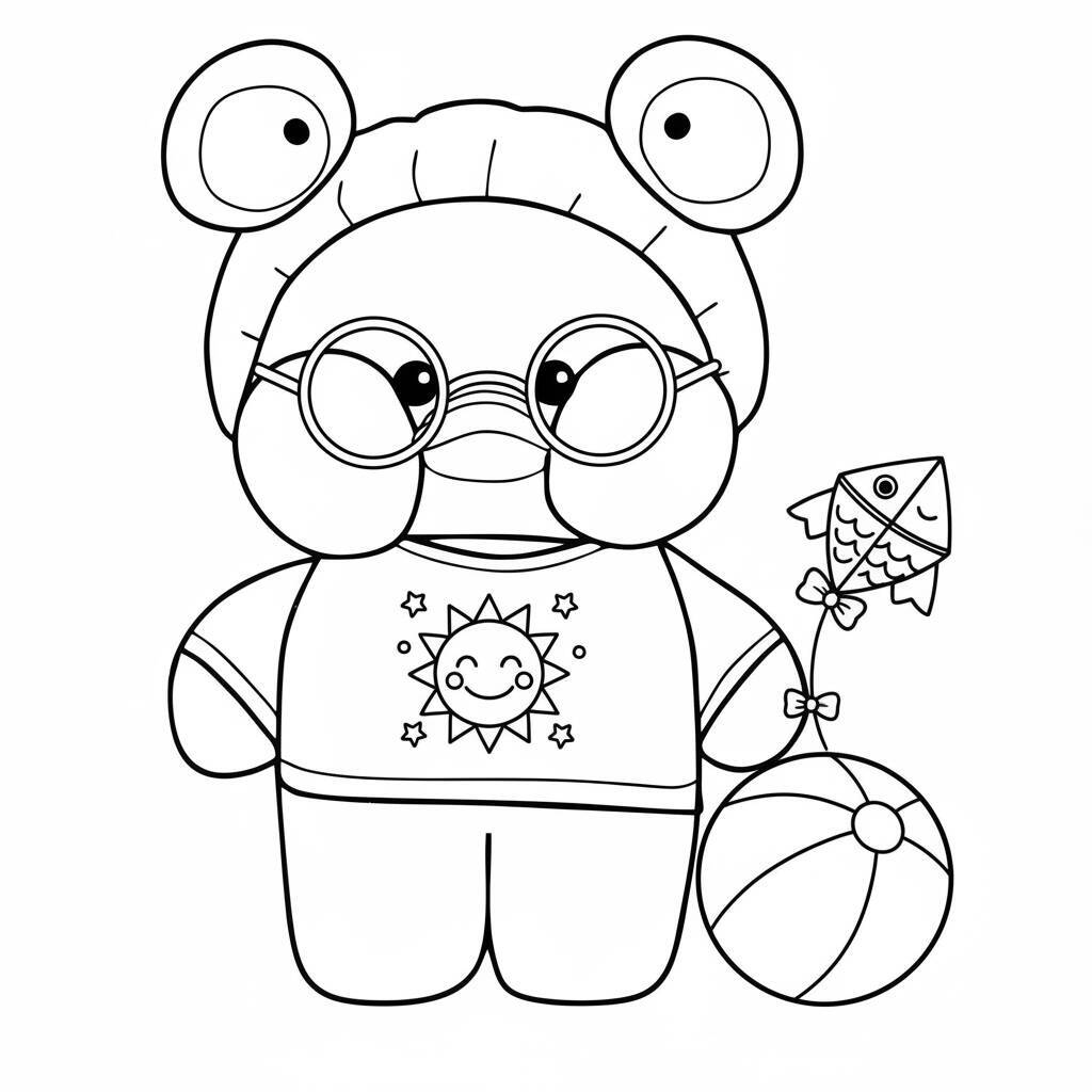 Desenho de um pato de papel usando óculos e roupa de verão para colorir