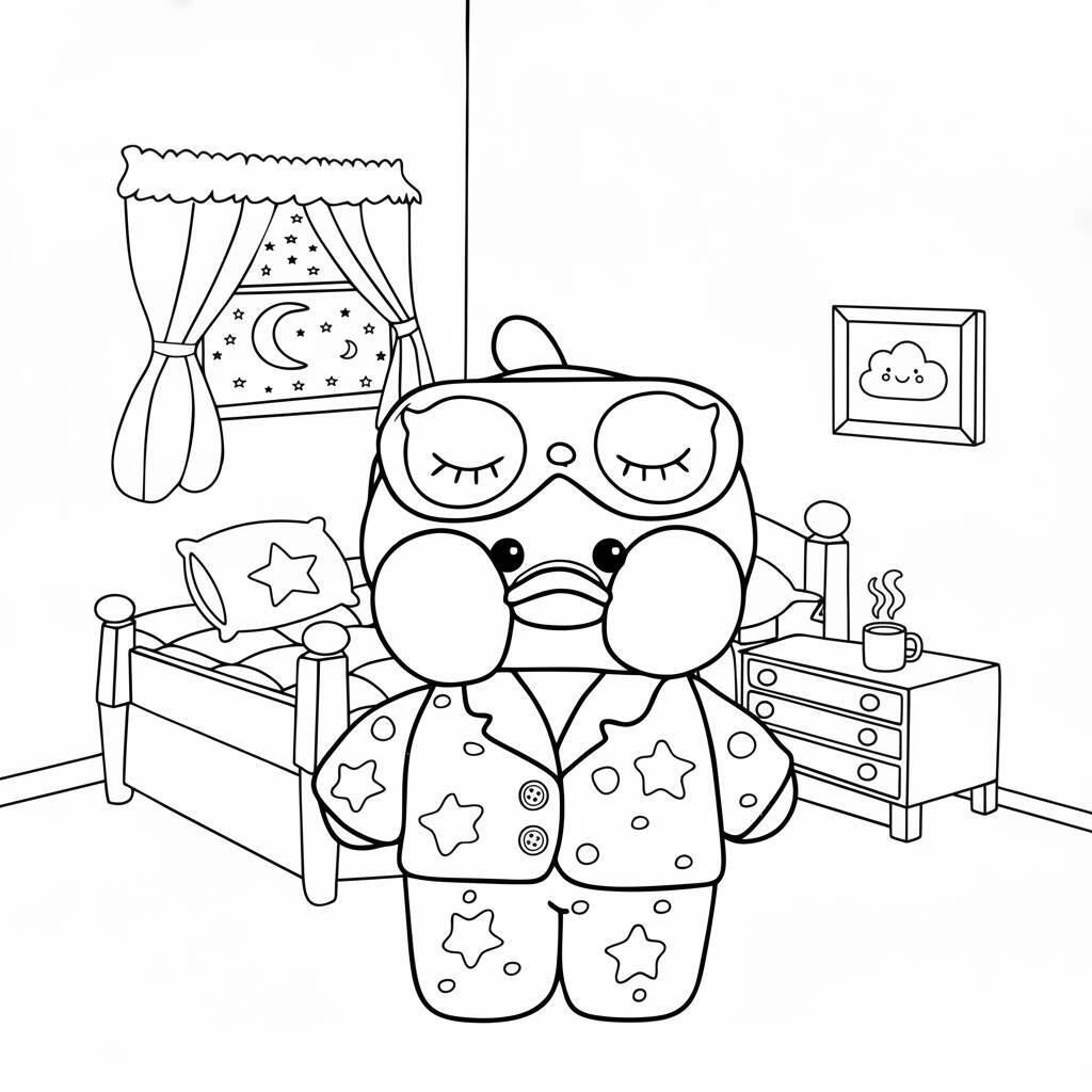 Desenho de um pato de papel usando pijama e máscara de dormir em um quarto