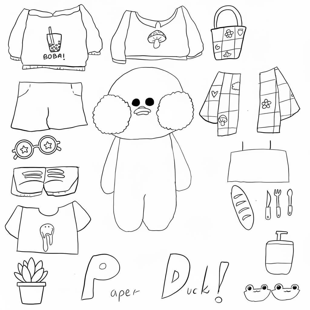 Desenho de Paper Duck com várias roupas e acessórios de verão para colorir
