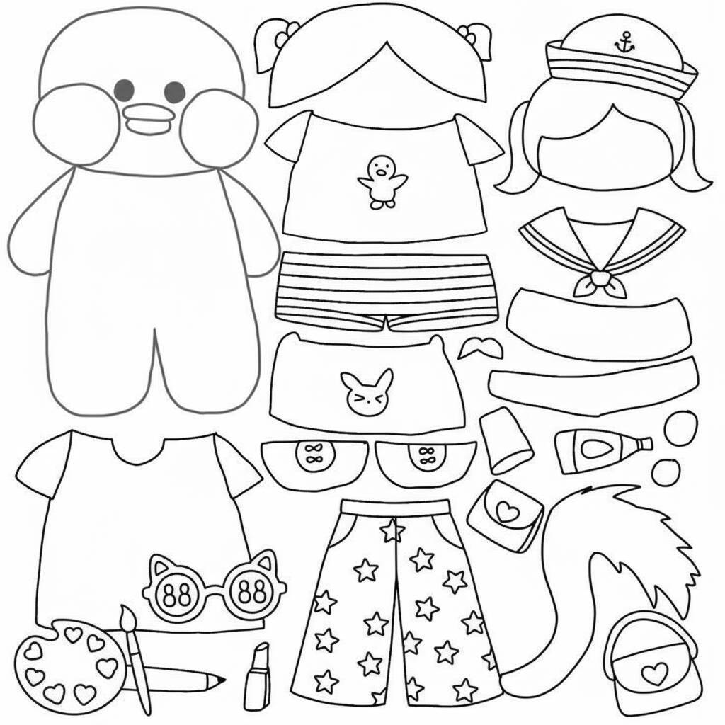 Desenho de Paper Duck com várias opções de roupas de verão para colorir