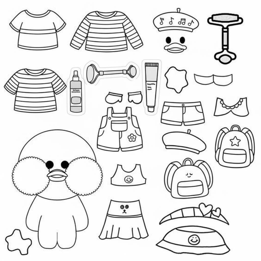 Desenho de um pato de papel com várias roupas e acessórios para colorir