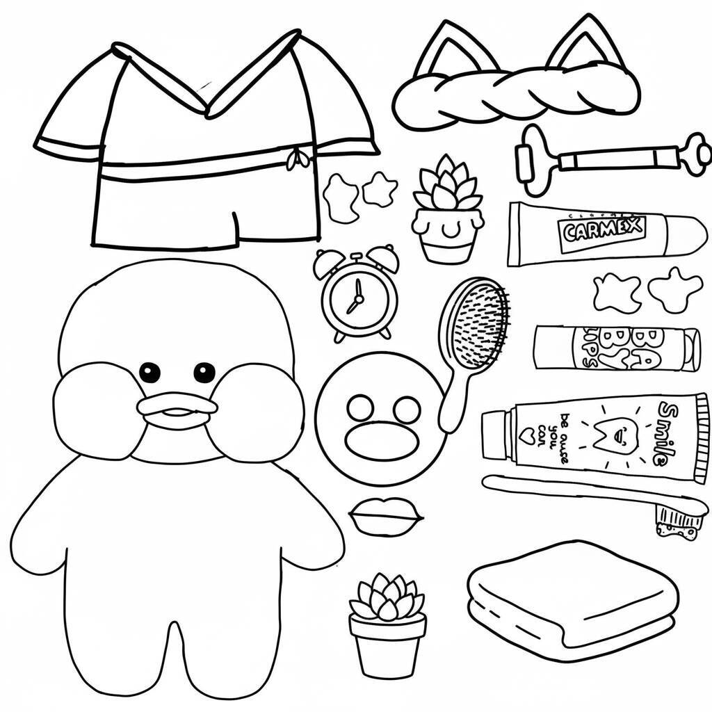 Desenho para colorir de um pato de papel com roupas de verão e acessórios.