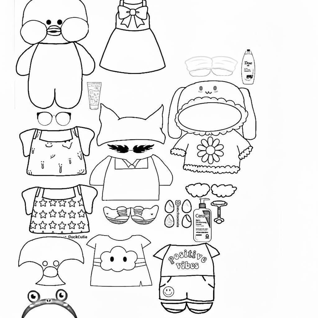 Desenho de Paper Duck com várias opções de roupas para colorir