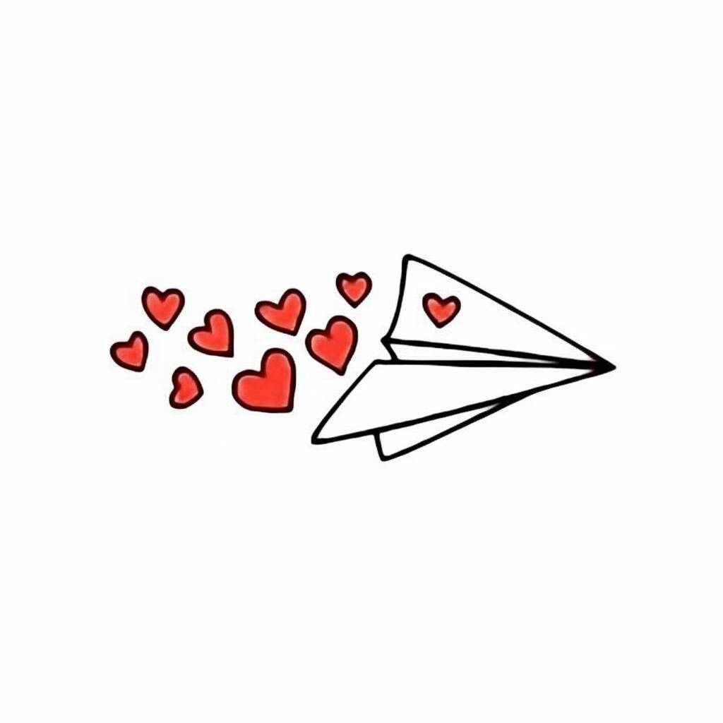 Desenho de um avião de papel com corações saindo dele