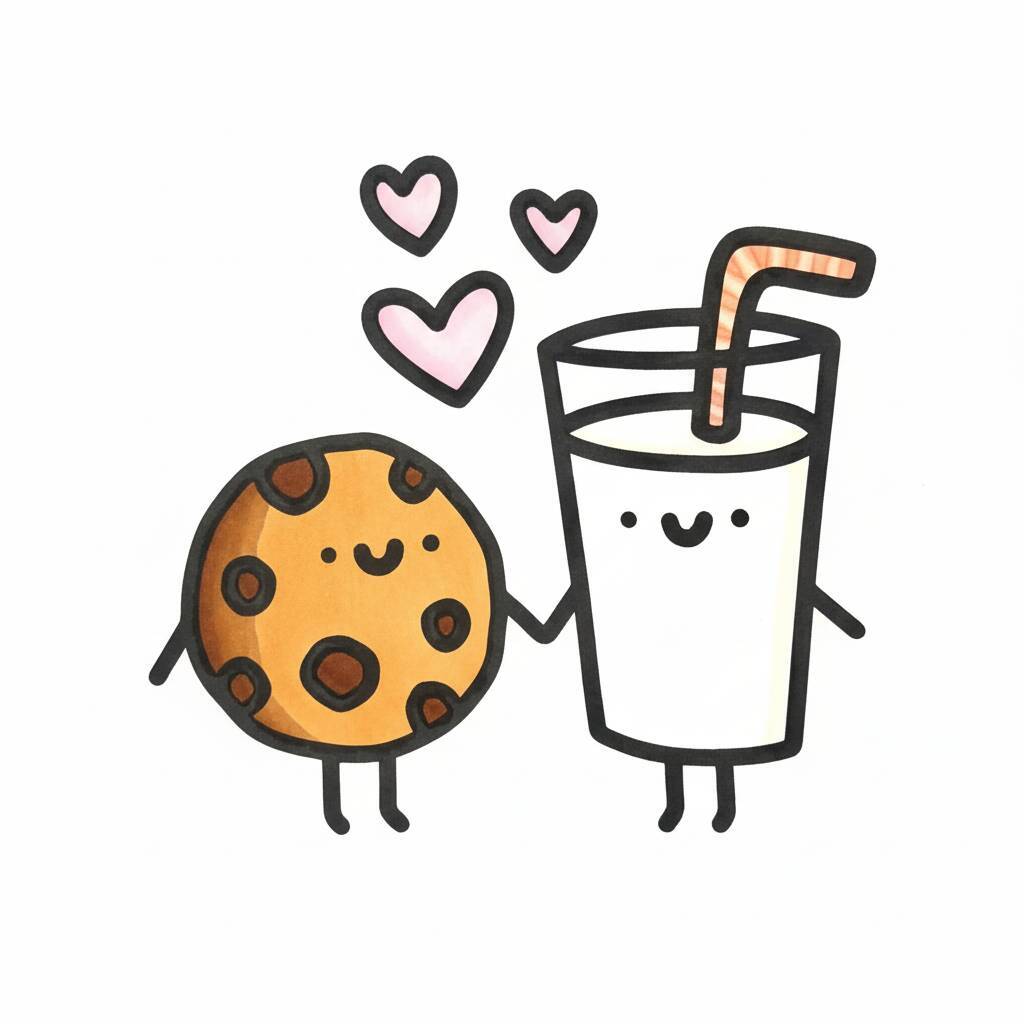 Desenho fofo de um biscoito e um copo de leite segurando as mãos com corações ao redor.