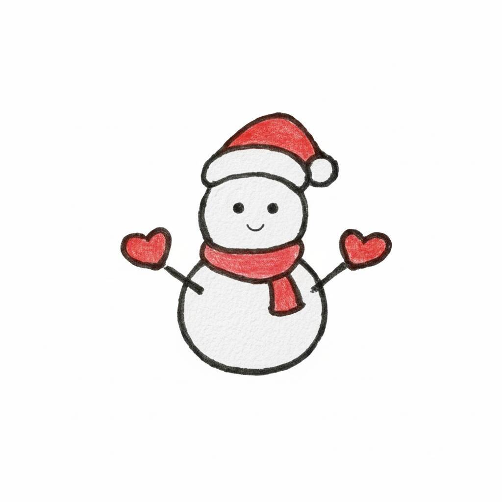Desenho de um boneco de neve sorridente usando um chapéu de Natal e segurando corações.