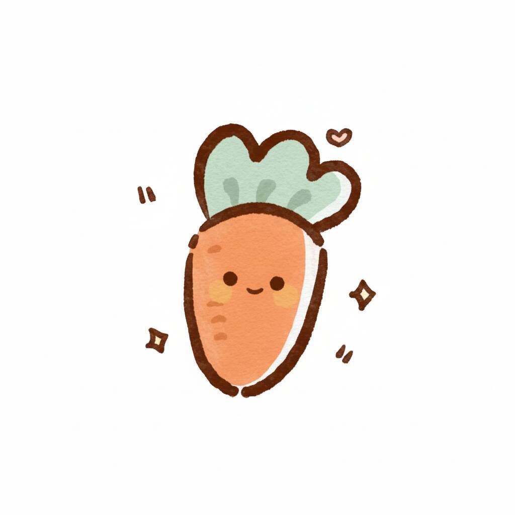 Desenho de uma cenoura kawaii com um sorriso e folhas verdes.