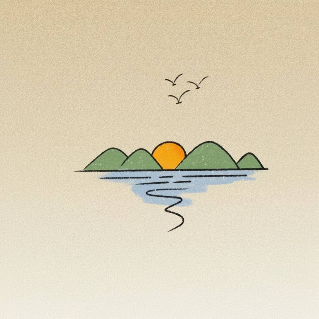 Desenho de uma paisagem com montanhas, sol e aves.