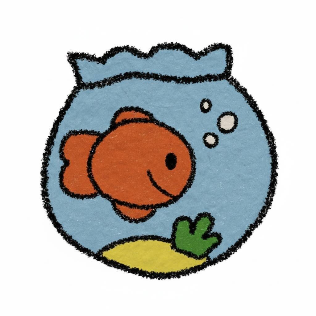 Desenho de um peixe em um aquário com bolhas e plantas.