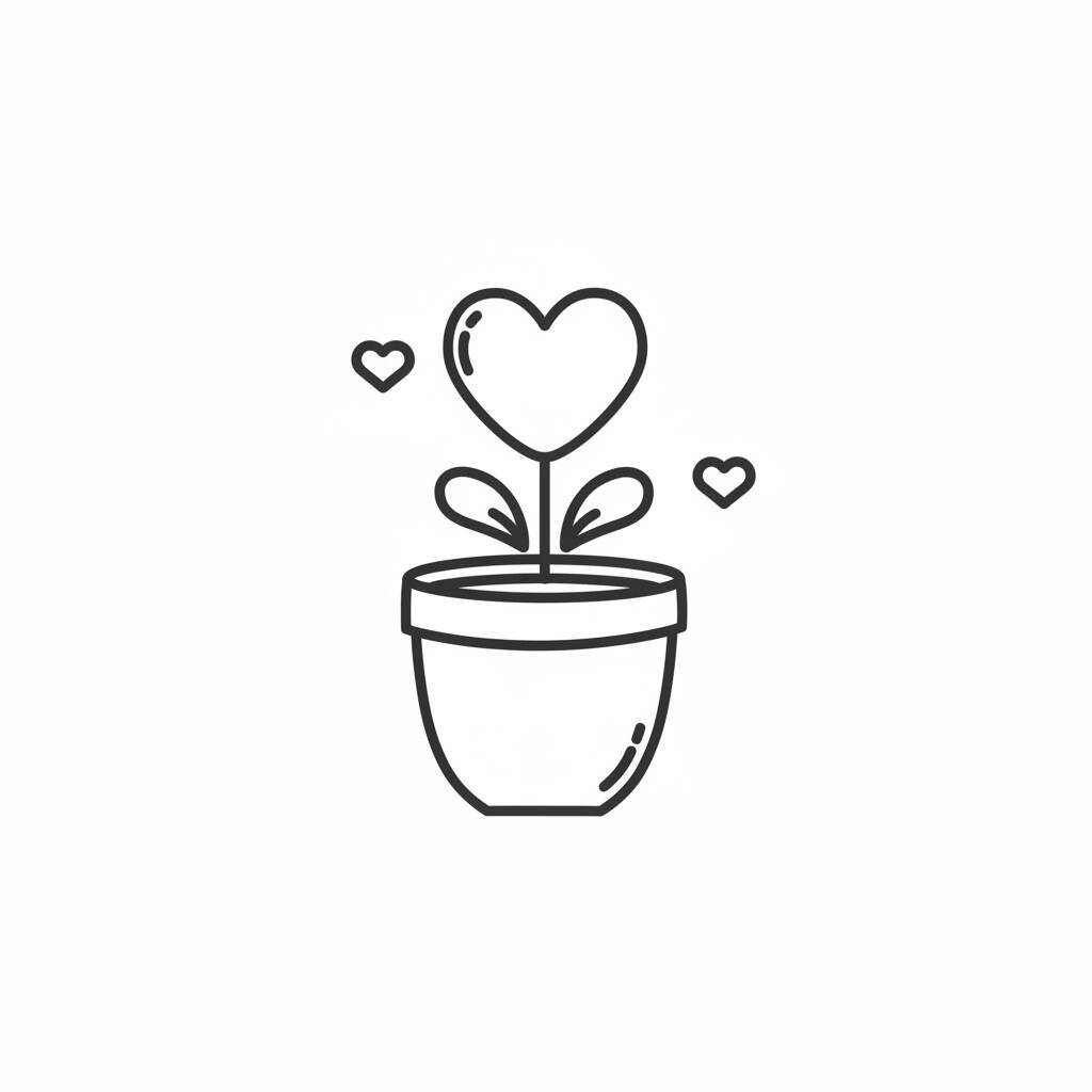 Desenho de uma planta em um vaso com um coração acima e corações ao redor.
