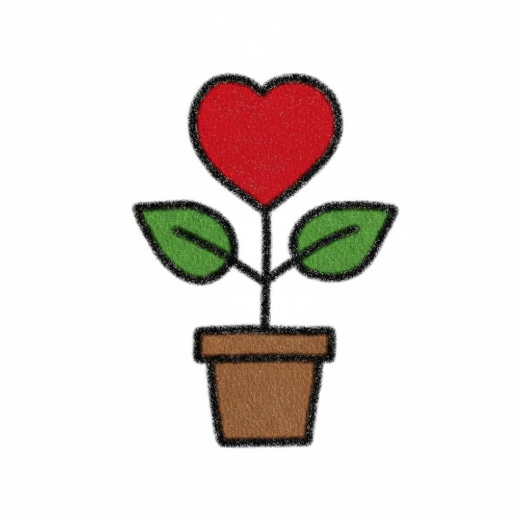 Desenho de uma planta em um vaso com um coração vermelho