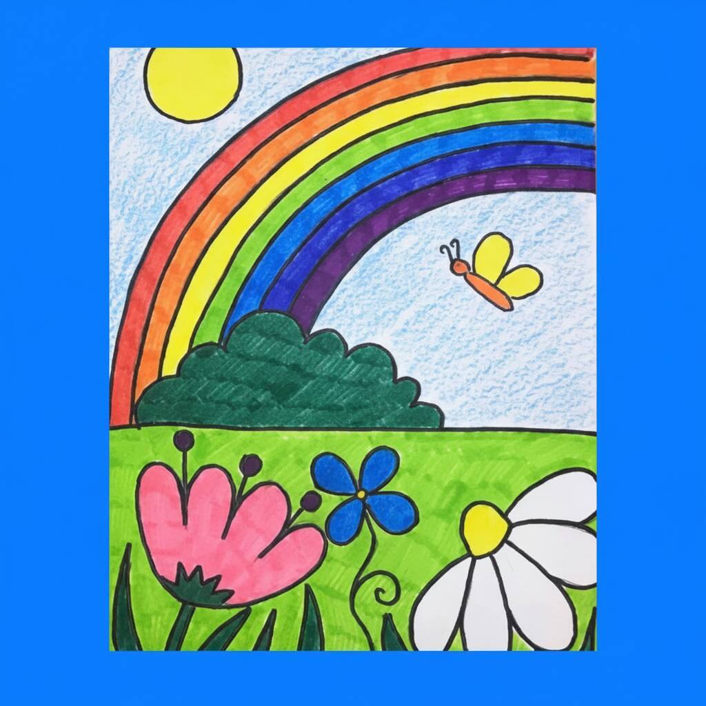 Desenho de uma paisagem com arco-íris, flores coloridas e uma borboleta