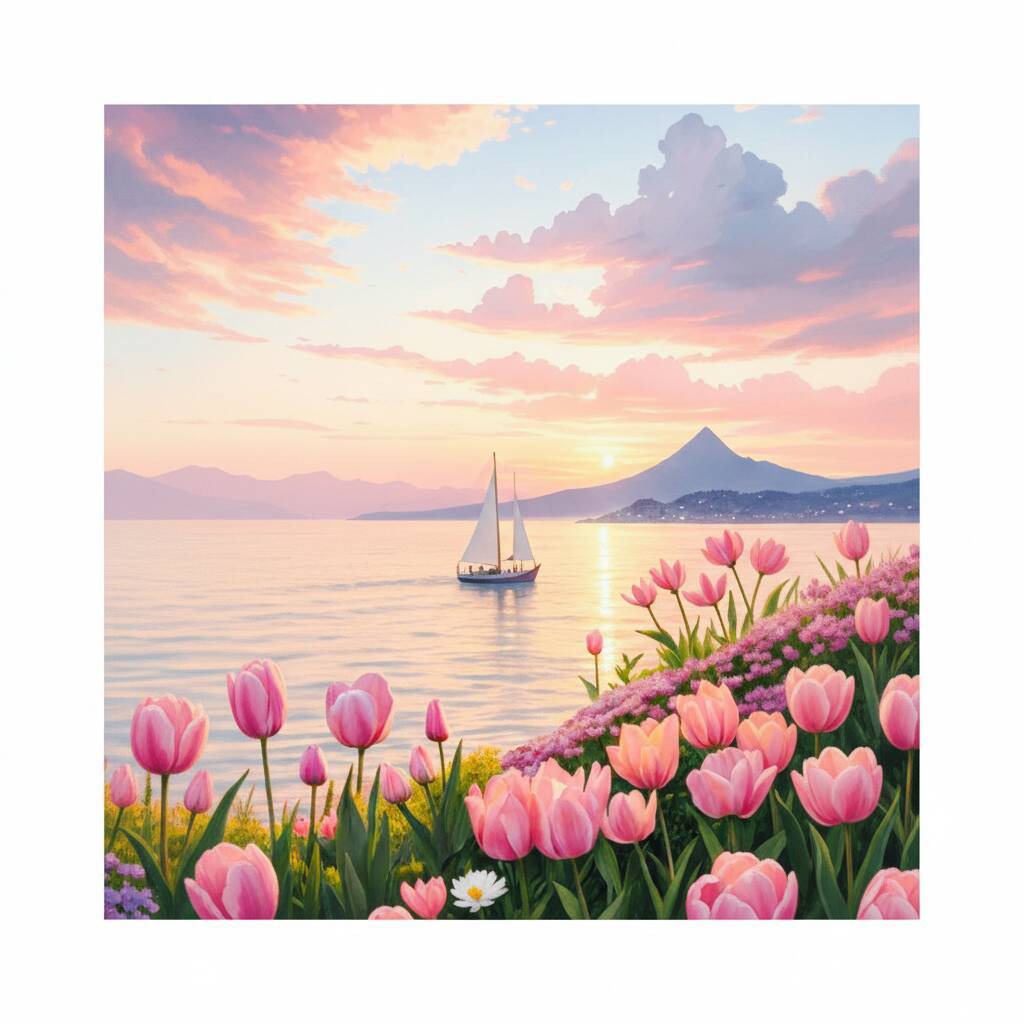 Desenho de um barco à vela navegando em um lago cercado por flores de tulipa ao pôr do sol.