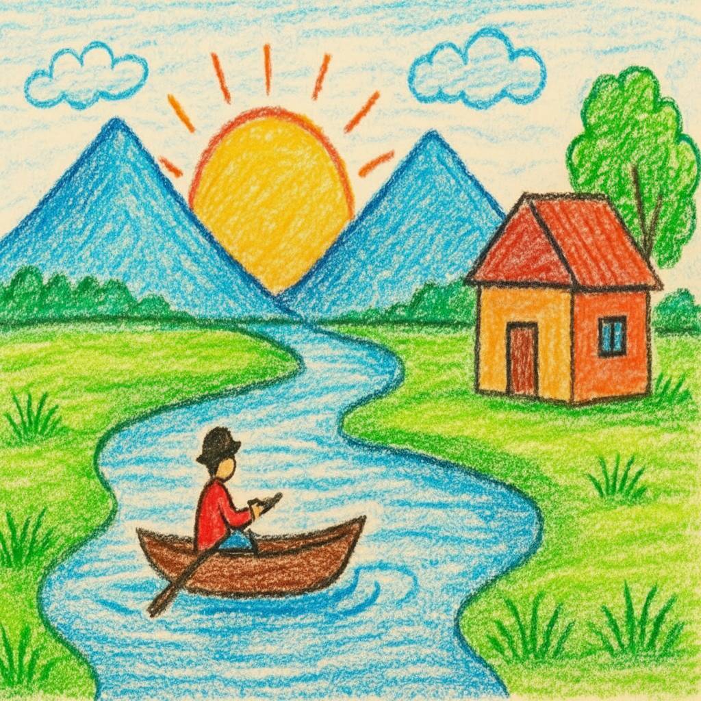 Desenho de um barco em um rio cercado por montanhas e uma casa ao fundo