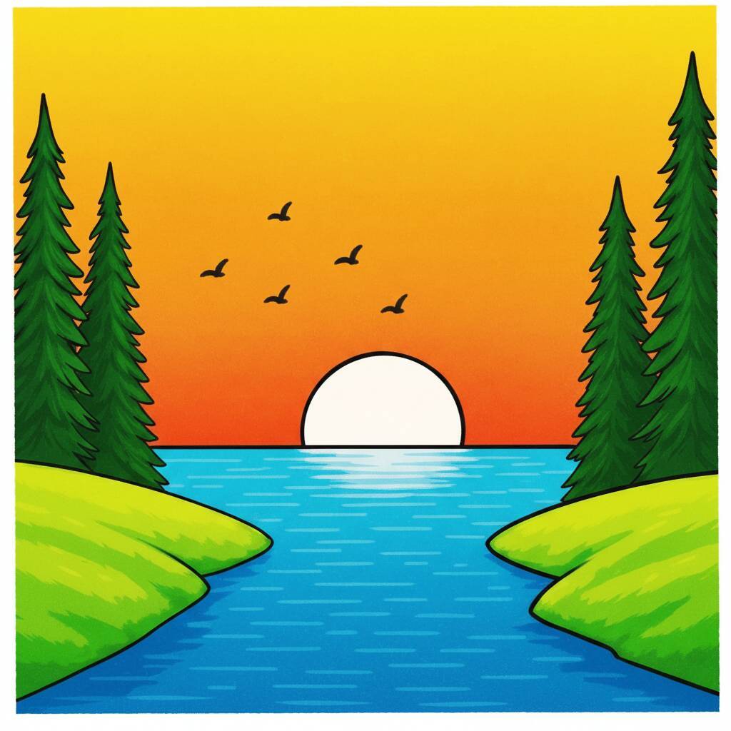 Desenho de uma paisagem com lago, árvores e pôr do sol