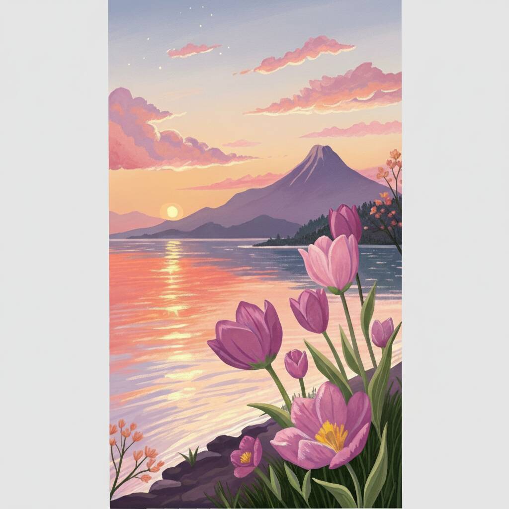 Desenho de um lago refletindo o pôr do sol, com flores na margem e uma montanha ao fundo.