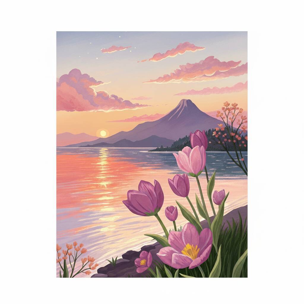 Desenho de um lago refletindo o pôr do sol com flores em primeiro plano e uma montanha ao fundo.