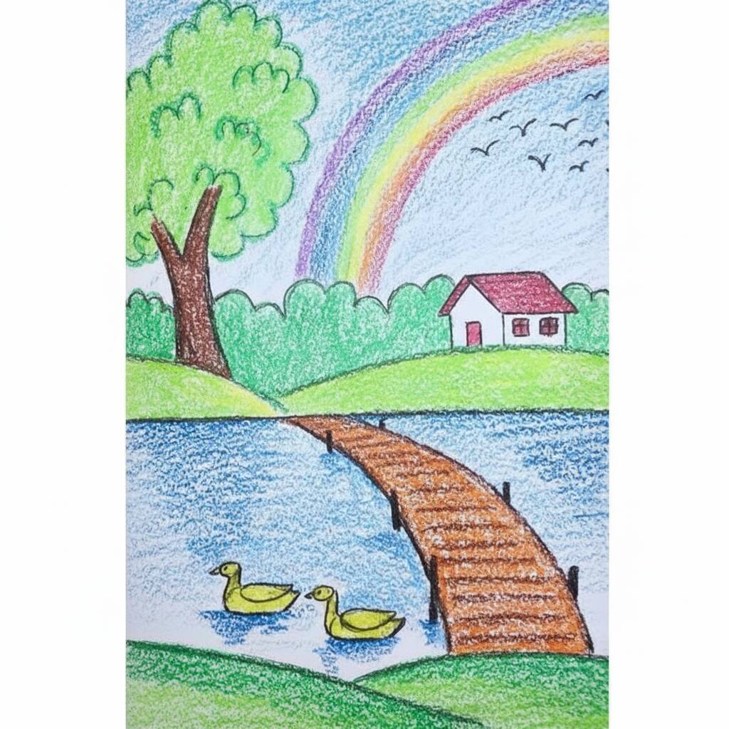 Desenho de um lago com patos, uma ponte de madeira e um arco-íris ao fundo