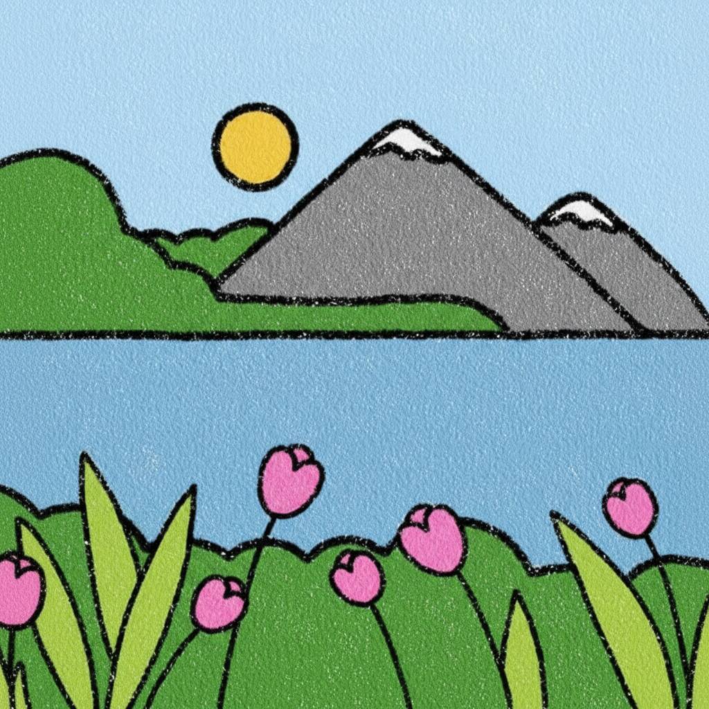 Desenho de uma paisagem com montanhas, sol e flores coloridas.