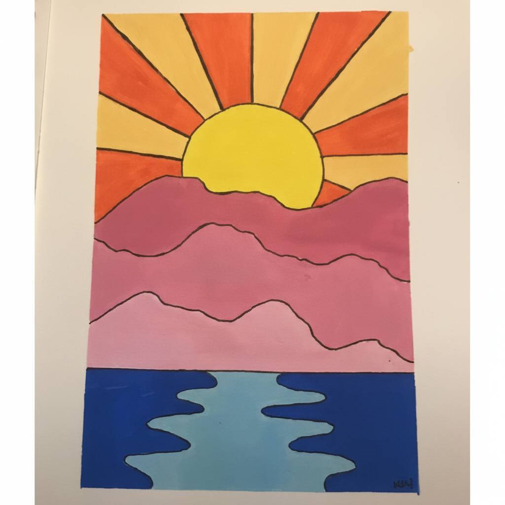 Desenho colorido de um pôr do sol com montanhas e um lago