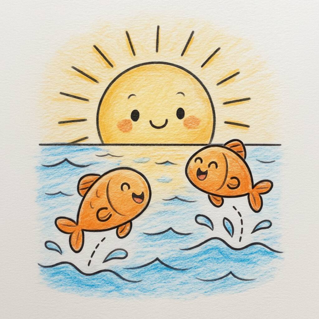 Desenho de um sol sorridente com peixes laranja saltando na água azul