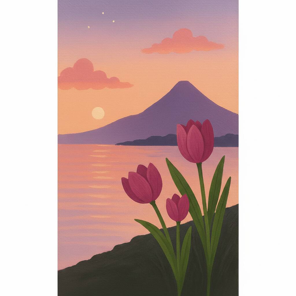 Desenho de tulipas em primeiro plano com uma montanha ao fundo durante o pôr do sol