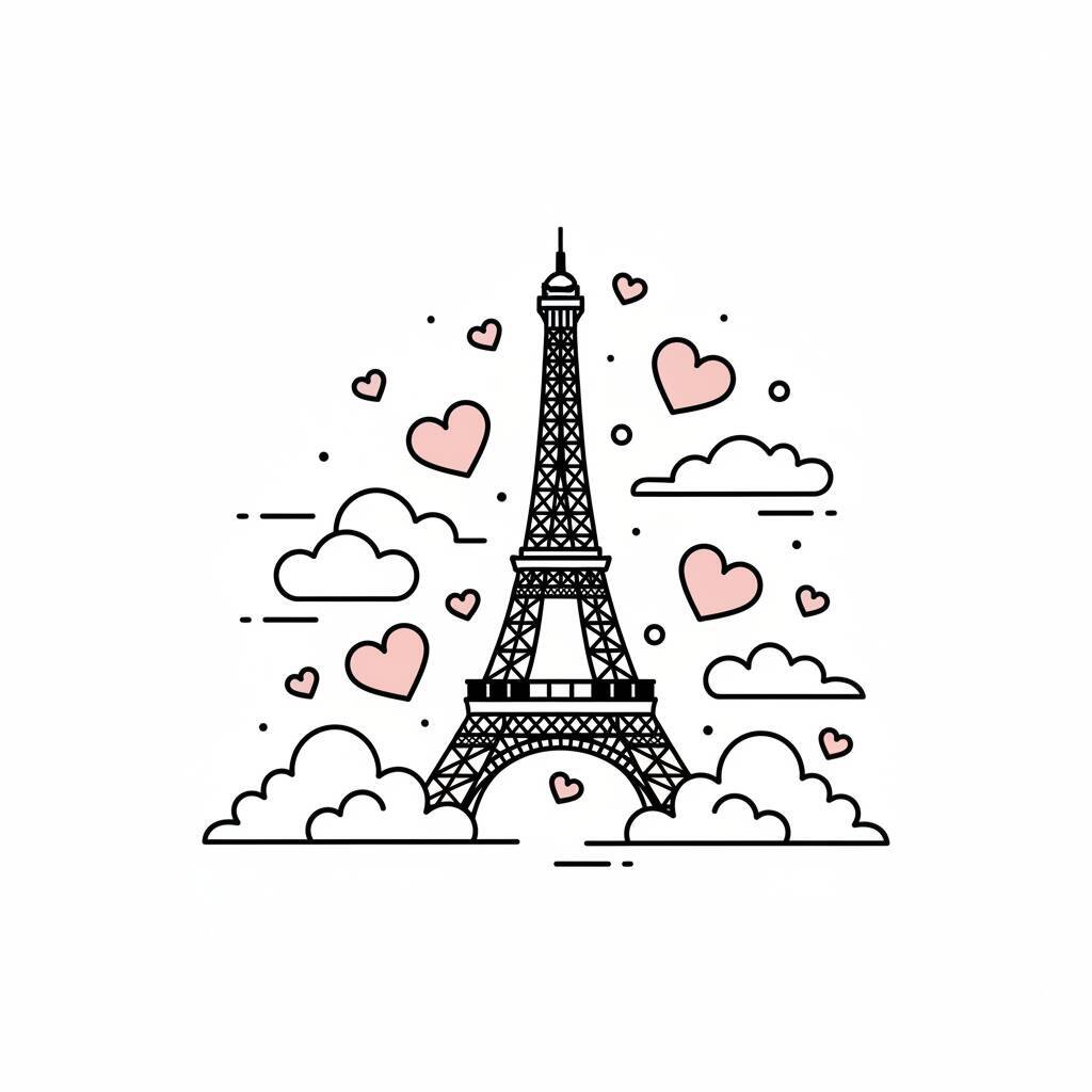 Desenho da Torre Eiffel cercada por nuvens e corações.