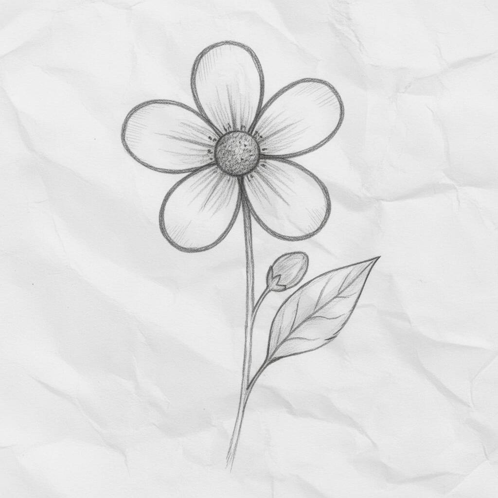 Desenho de uma flor com pétalas e folha para colorir