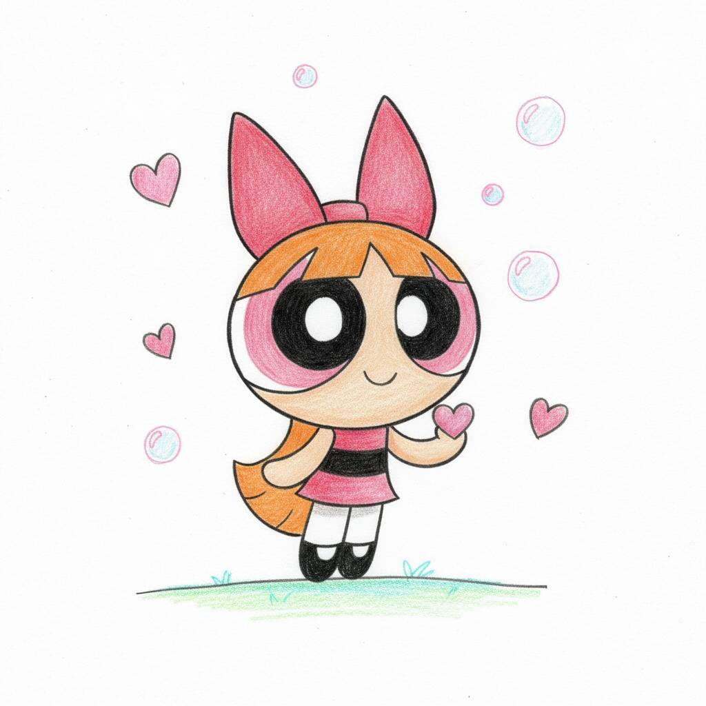Desenho de uma menina com cabelo laranja, laço rosa e corações ao redor